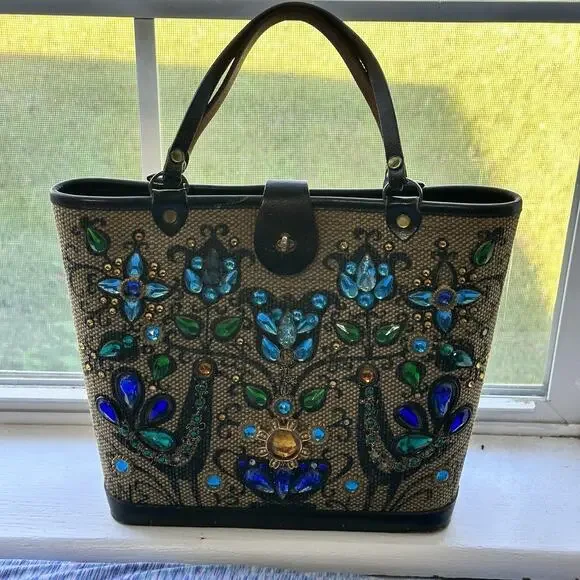 VTG 1964 Enid Collins Purse Pavan Pheasant Peacock Blue Jewels Wooden Bucket
